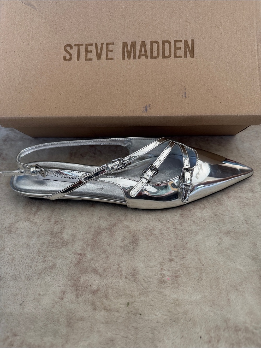 Steve Madden Peony Metallic Silver Pointed Slingback Flats with Strappy Buckle